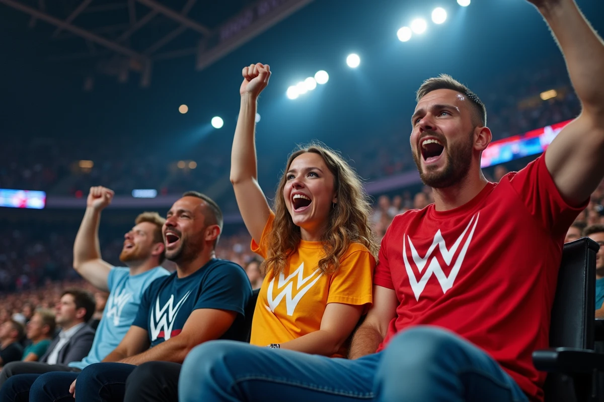 Fans de catch WWE dans les tribunes d'une arène bondée réagissant avec enthousiasme lors d'un événement en direct