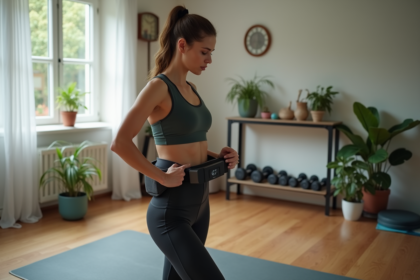 Femme en activewear ajustant une machine abdominale à la maison