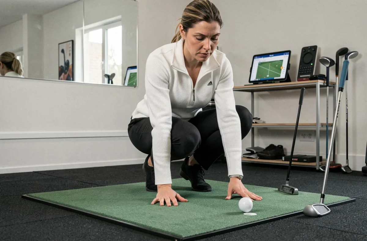 Femme analysant la ligne de putting lors d'un entraînement putting à domicile