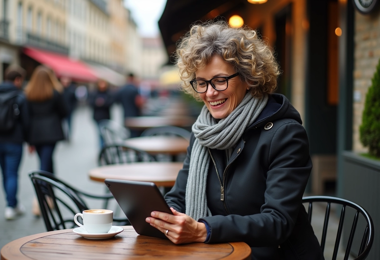 Femme souriante regardant un match de rugby sur sa tablette en terrasse