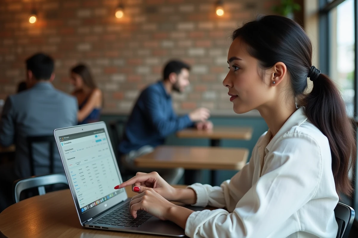 Une femme compare deux sites de paris sur les courses de trot sur son ordinateur portable dans un café, analysant les différences d'interface utilisateur