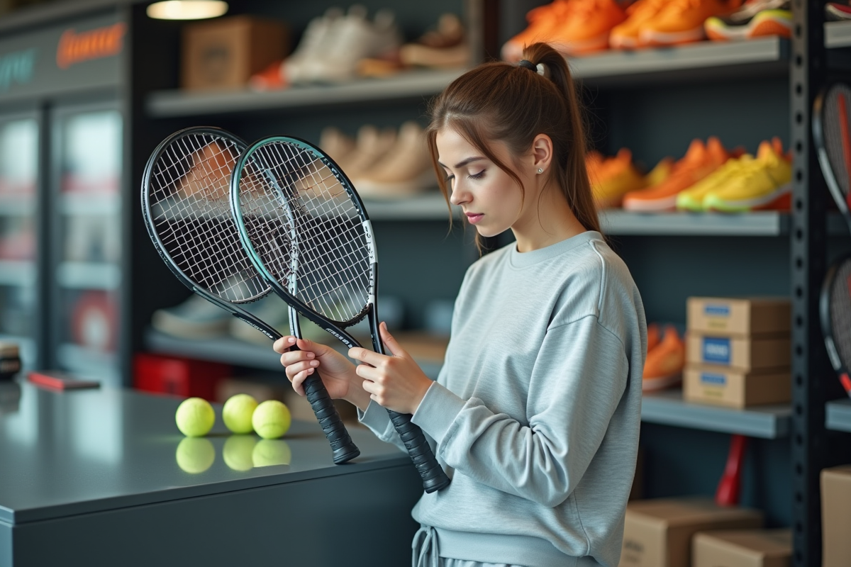 Jeune femme comparant deux raquettes de tennis en magasin