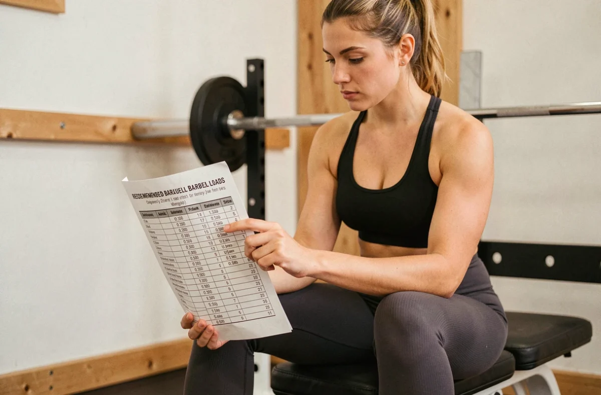 Femme athlète consultant un tableau de charges recommandées pour barre de musculation en salle de sport