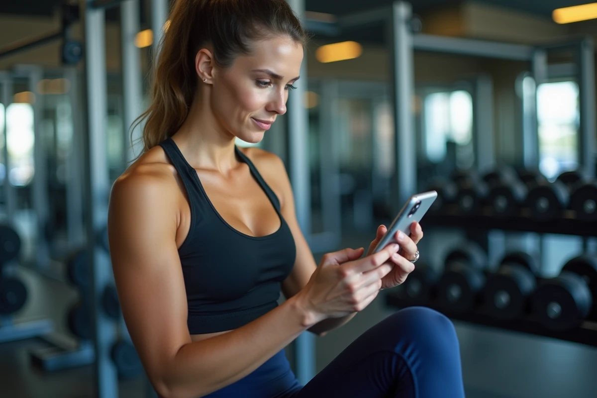 Femme consultant un programme full body sur son téléphone dans une salle de sport