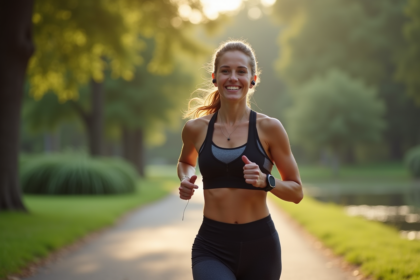 Femme sportive courant dans un parc au matin