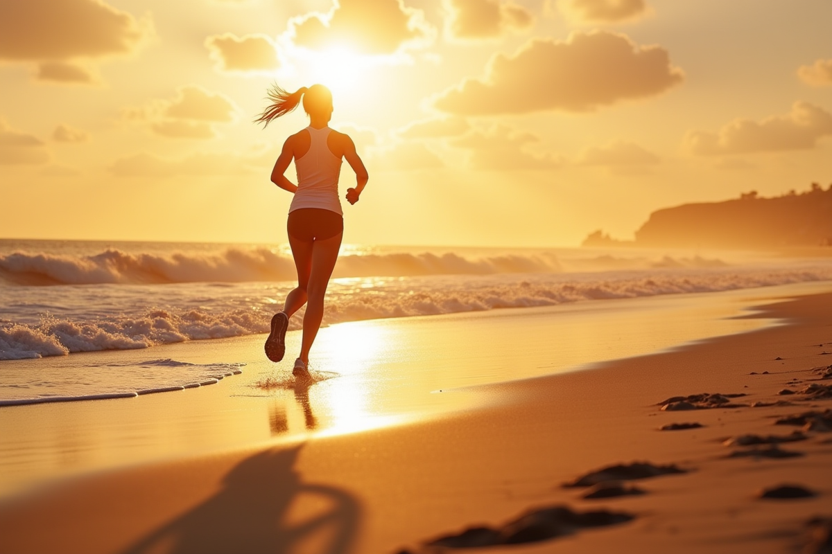 Femme en course sur la plage au lever du soleil