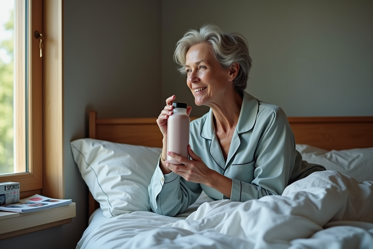 Femme courant dans sa chambre en pyjama avec smoothie