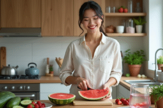 Jeune femme coupant un melon dans la cuisine moderne