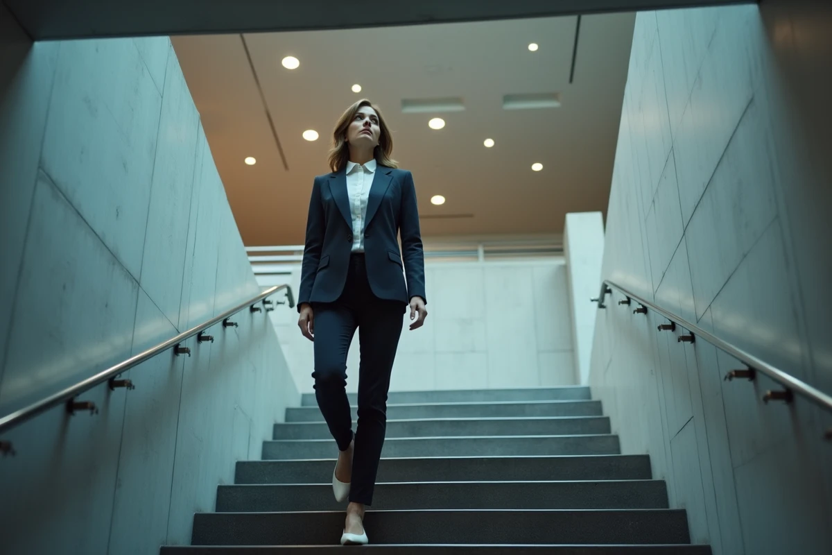 Femme montant les escaliers au bureau pour accumuler des pas et atteindre 7500 pas par jour