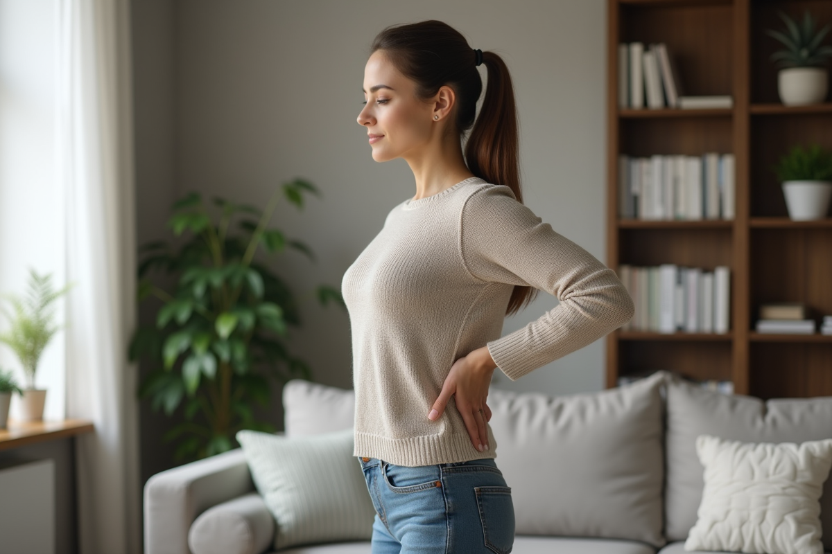 Femme en posture de correction dans un salon moderne
