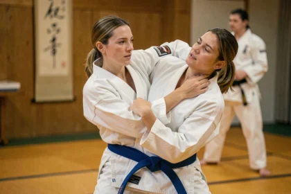 Femme pratiquant le judo en kimono blanc lors d'un entraînement dans un dojo traditionnel