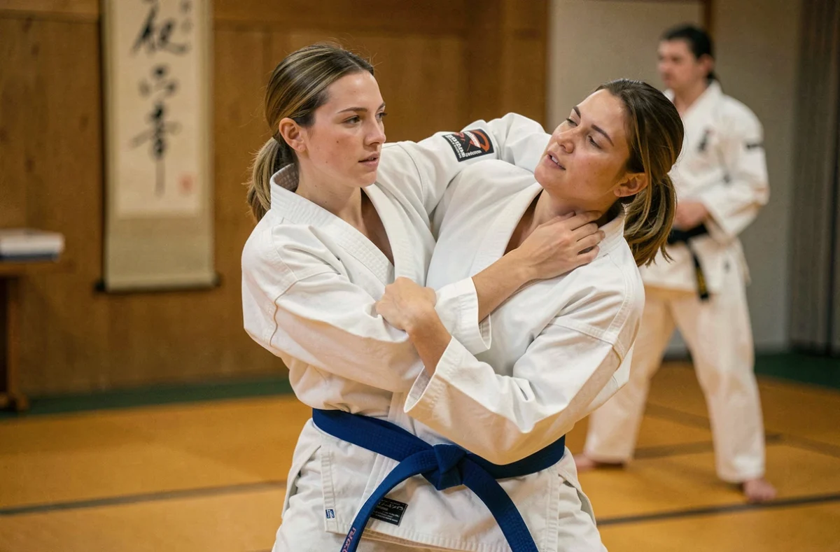 Femme pratiquant le judo en kimono blanc lors d'un entraînement dans un dojo traditionnel