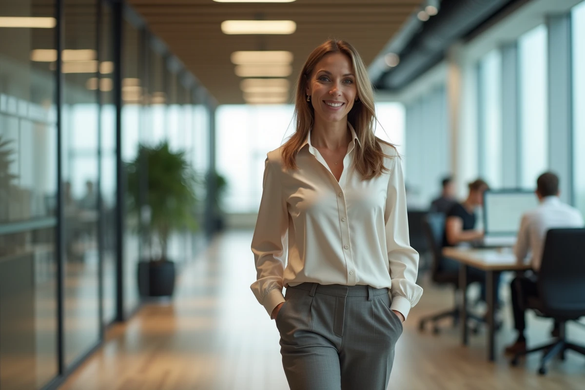 Femme marchant dans un couloir de bureau moderne pour atteindre ses 7500 pas quotidiens