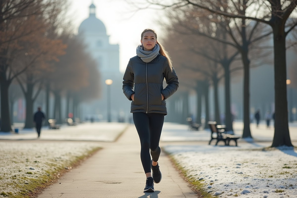 Jeune femme marchant dans un parc urbain en hiver