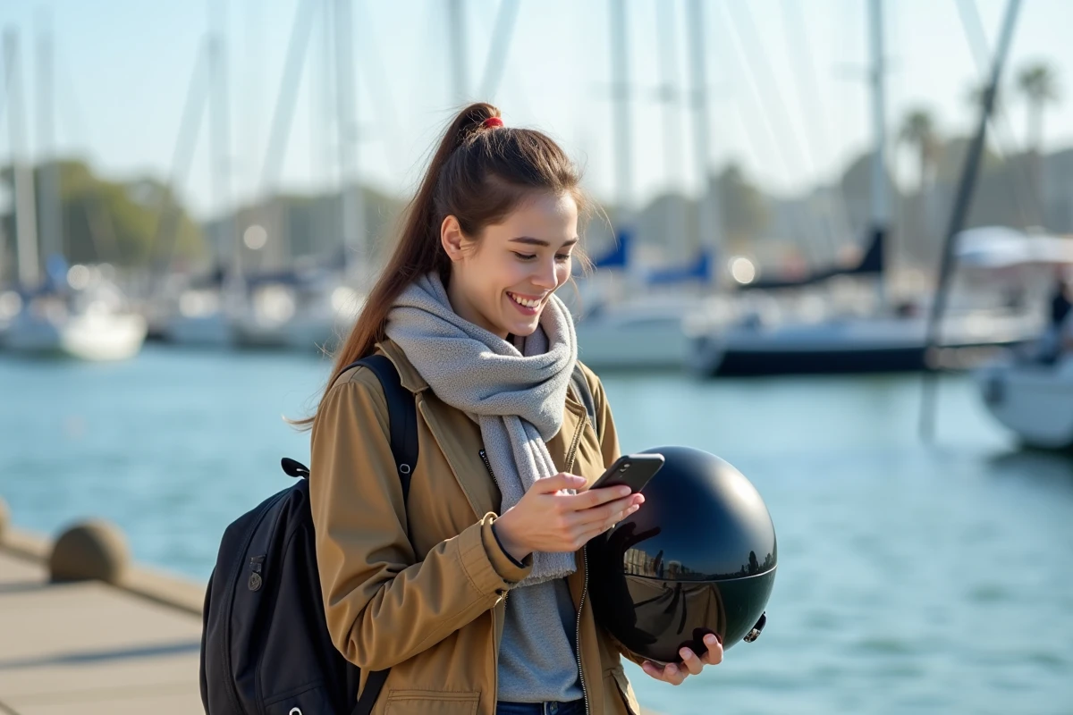 Jeune femme lisant un article sur smartphone au port de plaisance