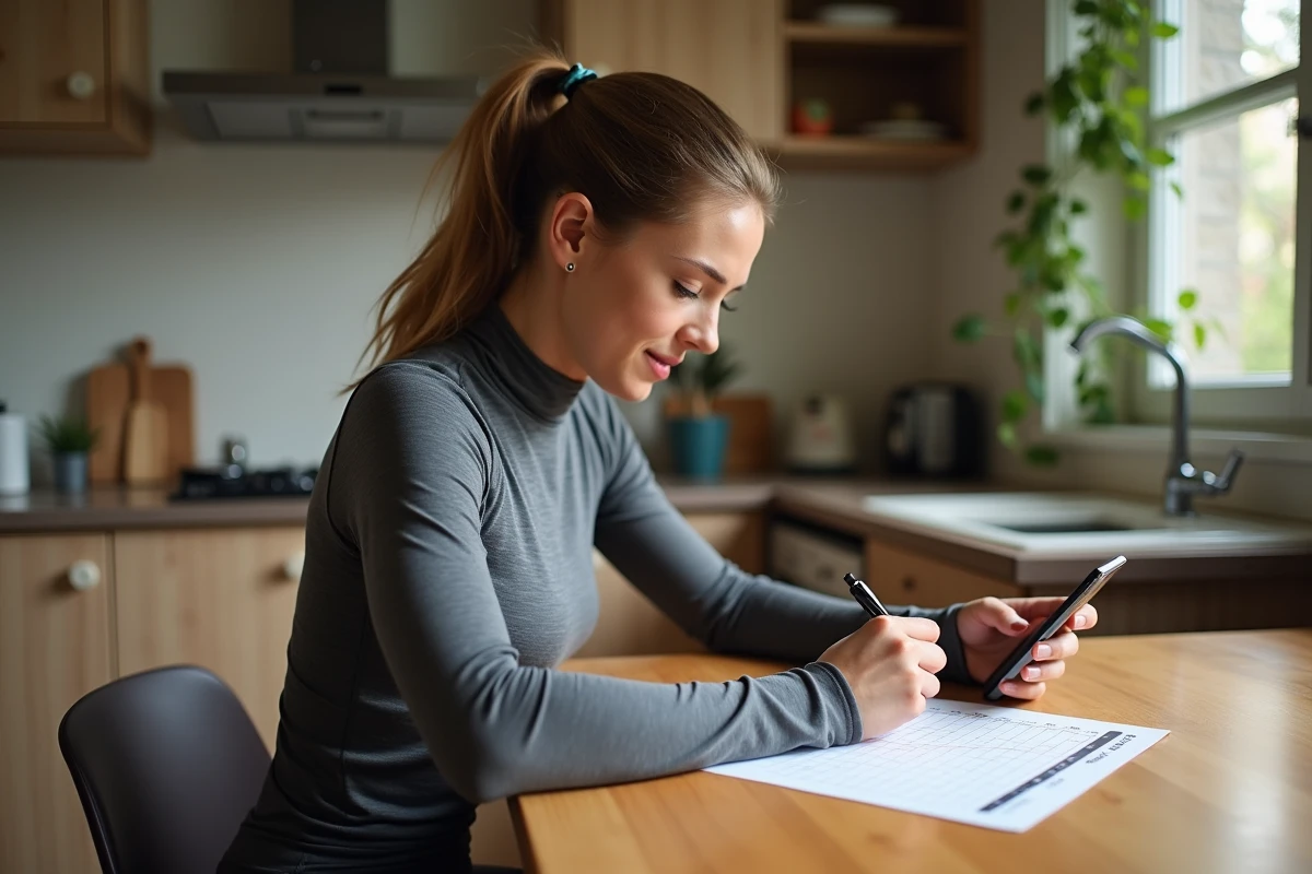 Femme planifiant son rythme de course dans la cuisine