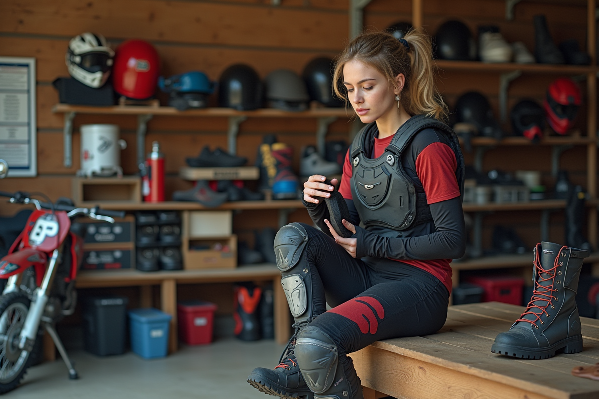 Femme motocross ajustant ses protections dans un garage organisé