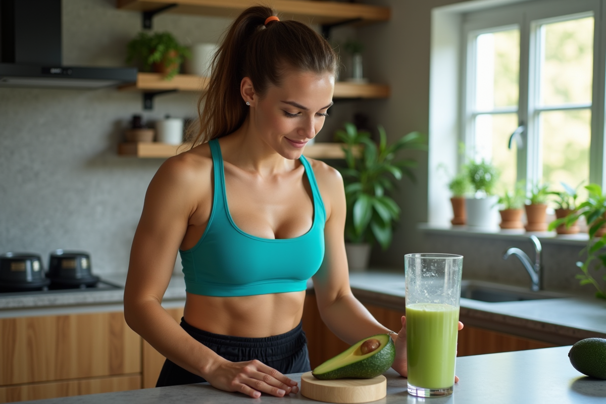 Femme sportive prépare un smoothie à l