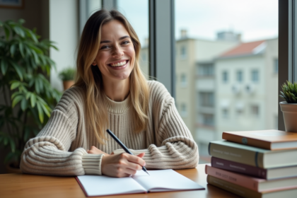 Femme souriante en réflexion dans un bureau lumineux