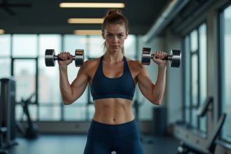 Femme en entraînement biceps avec haltères dans une salle moderne