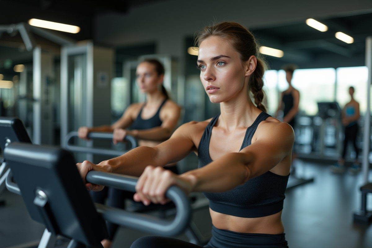 Jeune femme sportive en salle de sport lors d'une séance de rameur