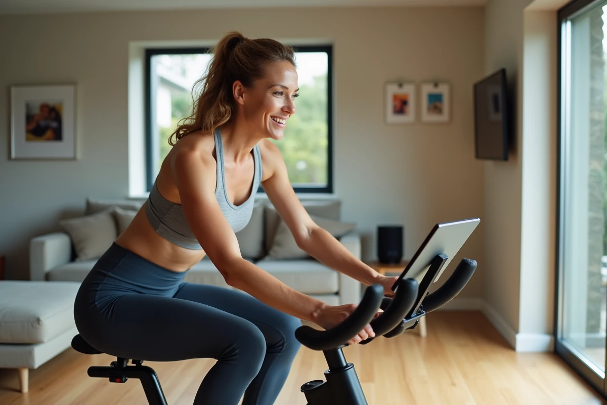 Femme en mouvement sur vélo stationnaire avec tablette