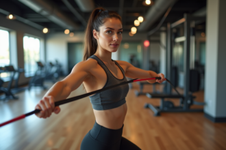 Femme sportive faisant un curl avec bande de resistance