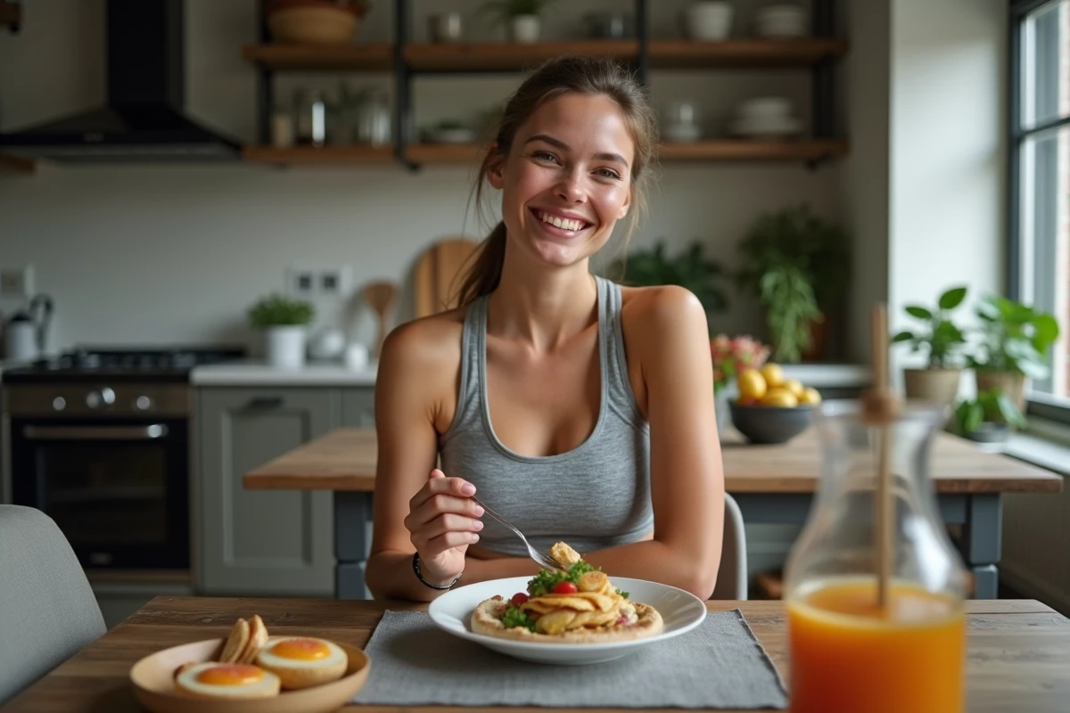 Jeune femme sportive mange un repas après l'entraînement