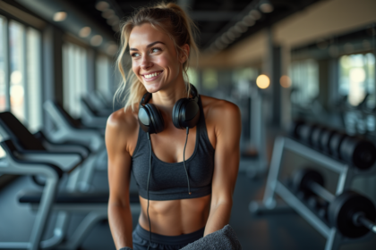 Jeune femme sportive en salle de gym avec écouteurs