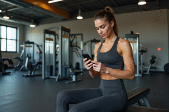 Femme sportive regardant son plan repas au gym