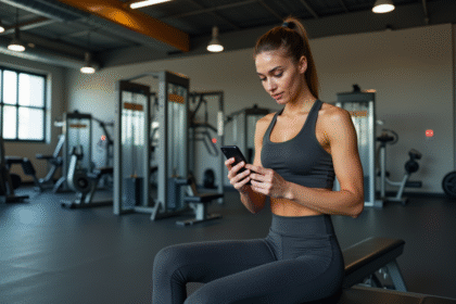 Femme sportive regardant son plan repas au gym