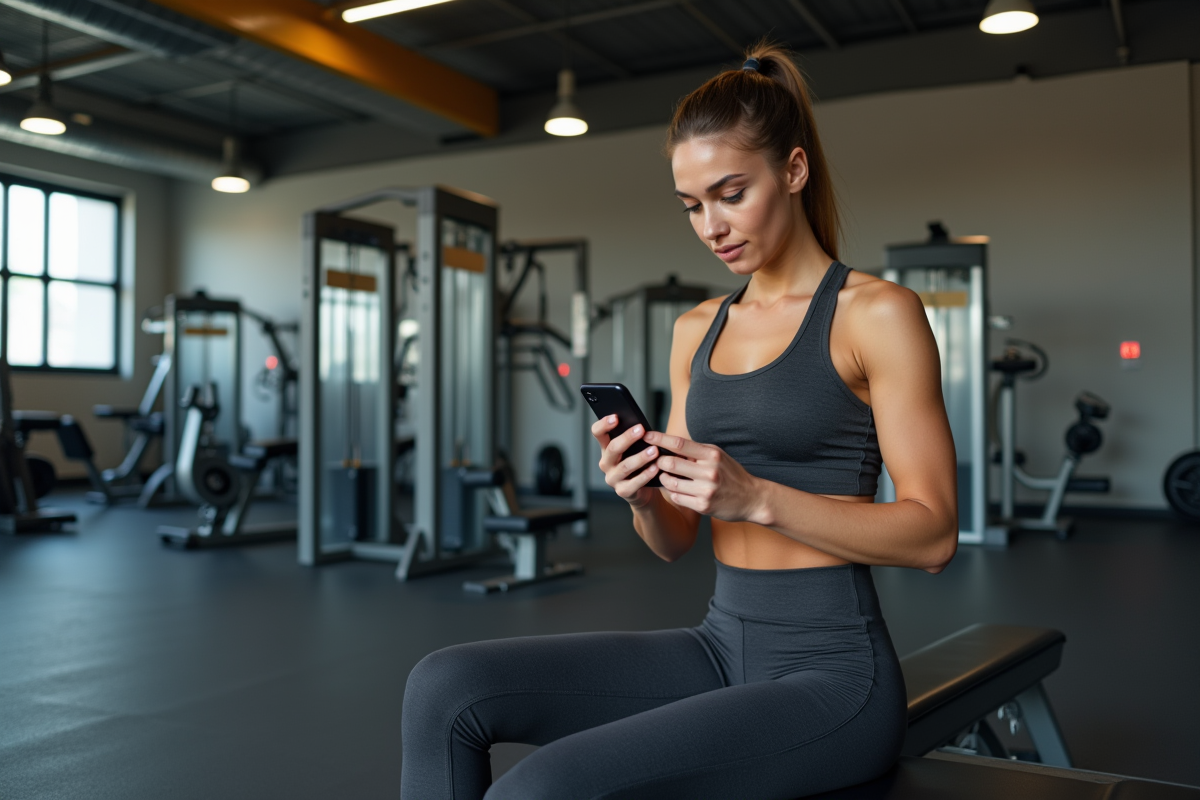 Femme sportive regardant son plan repas au gym