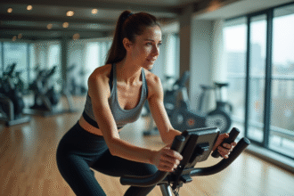 Femme sportive en salle de sport utilisant un vélo d'appartement