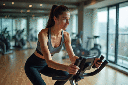 Femme sportive en salle de sport utilisant un vélo d'appartement