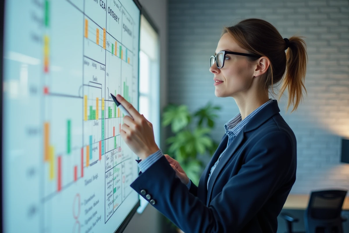 Femme en blazer analysant diagrammes de jeu en bureau moderne