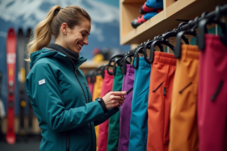 Jeune femme souriante inspectant des pantalons de ski en magasin