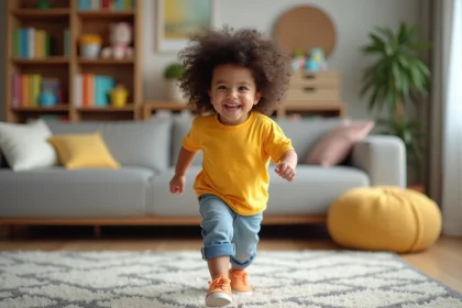 Jeune fille de trois ans courant dans le salon avec un sourire joyeux
