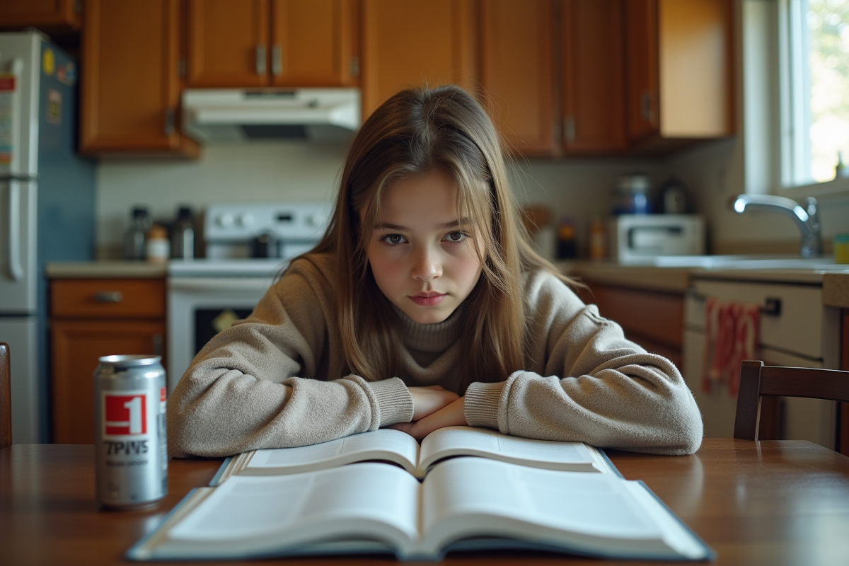 Fille adolescente étudie à la maison avec boissons énergisantes