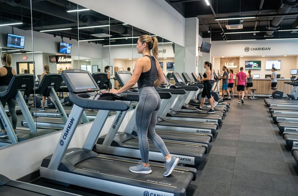Femme marchant sur un tapis roulant dans la grande salle cardio de Fitness Park Bordeaux Mériadeck