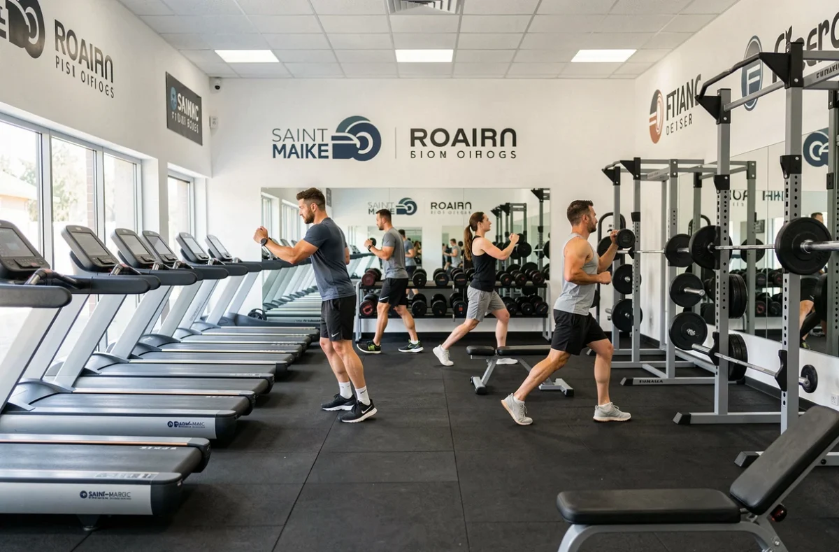 Intérieur du Fitness Park Rouen Saint-Marc avec équipements de musculation et membres en séance d'entraînement