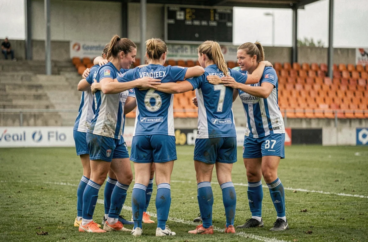 Joueuses de football féminin en cercle sur un terrain en herbe naturelle dans le district de Vendée, portant des maillots bleu et blanc