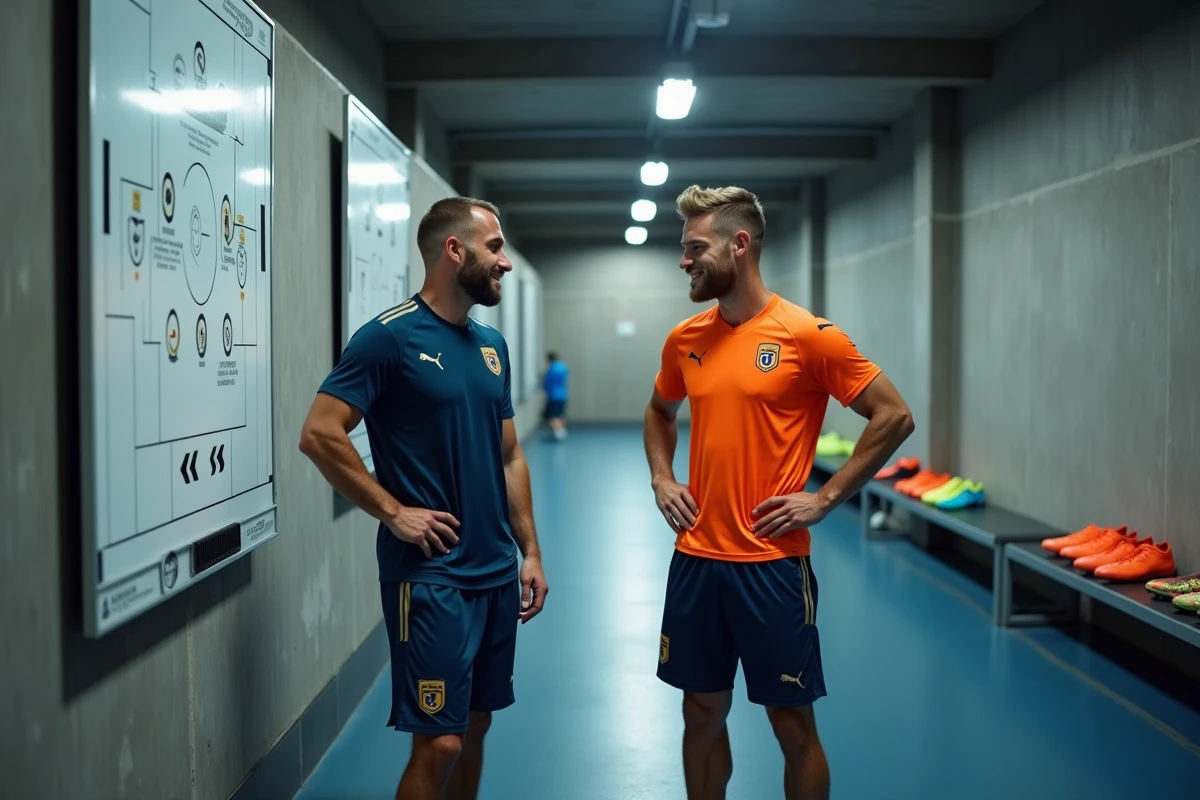 Deux footballeurs de clubs de Ligue 1 en discussion dans un centre d'entraînement moderne, symbolisant la comparaison des salaires entre le PSG et ses concurrents en 2026