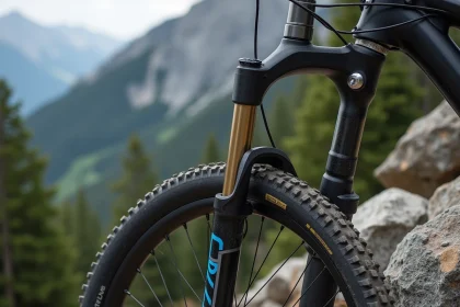 Fourche Manitou Comp montée sur un VTT de trail appuyé contre un rocher granitique en montagne alpine