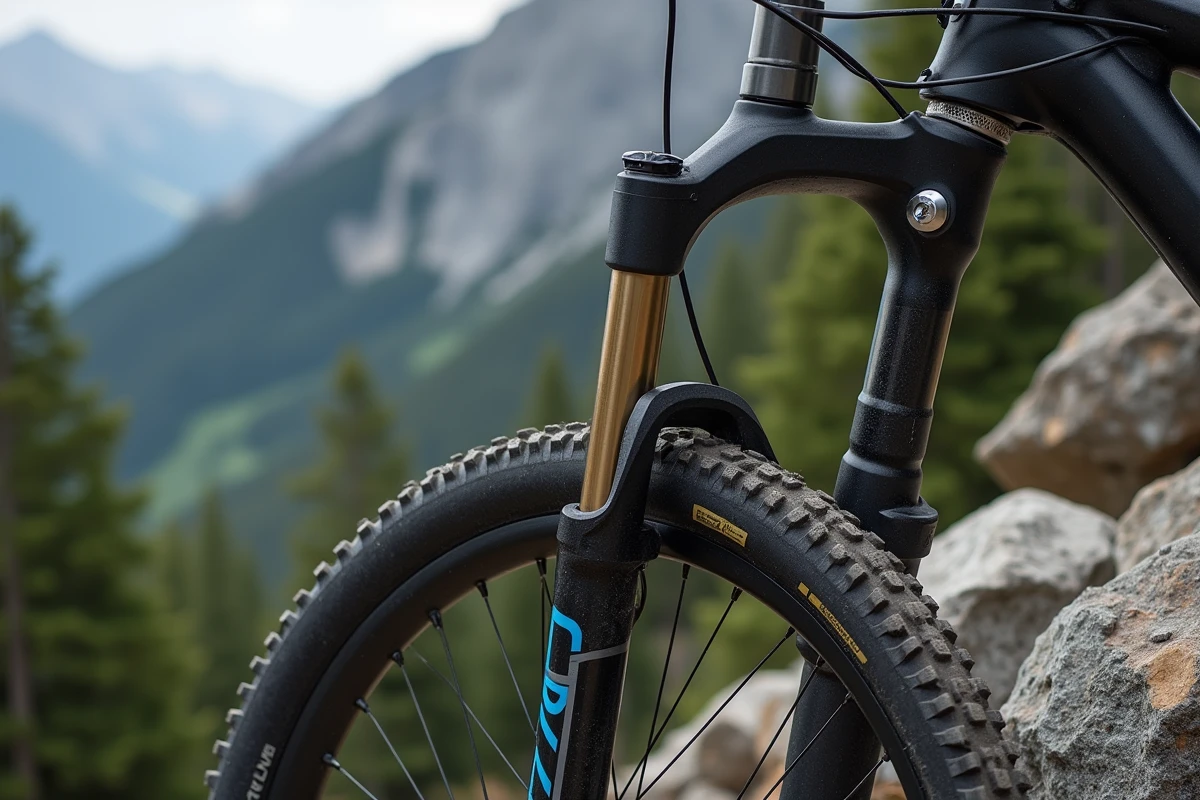 Fourche Manitou Comp montée sur un VTT de trail appuyé contre un rocher granitique en montagne alpine