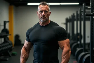 Homme musclé au gabarit imposant dans une salle de musculation, illustrant l'impact de la taille et du poids sur les rôles au cinéma d'action