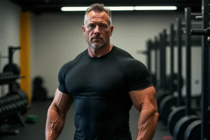 Homme musclé au gabarit imposant dans une salle de musculation, illustrant l'impact de la taille et du poids sur les rôles au cinéma d'action