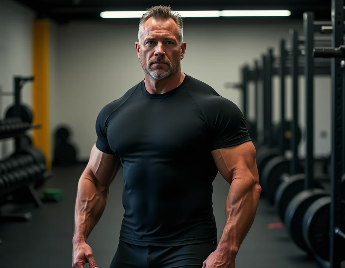 Homme musclé au gabarit imposant dans une salle de musculation, illustrant l'impact de la taille et du poids sur les rôles au cinéma d'action