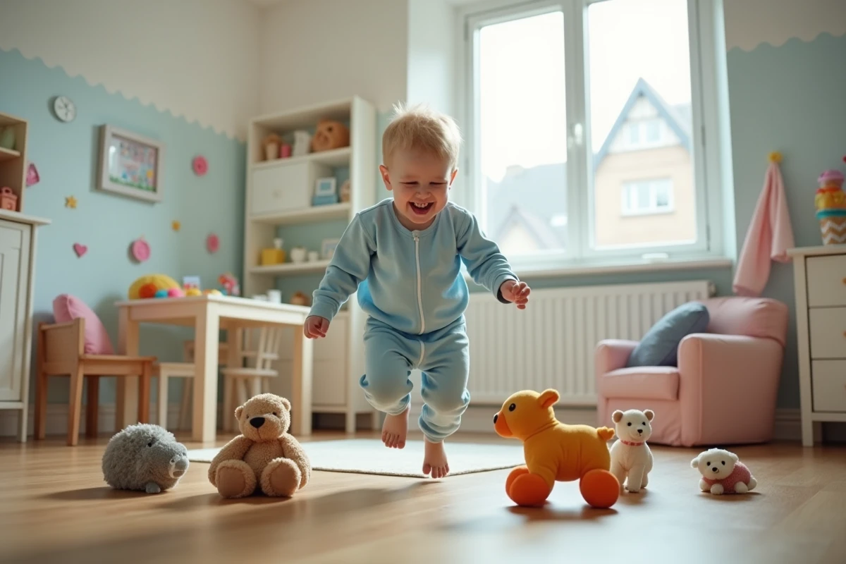 Garçon de trois ans sautant sur des jouets en peluche dans la salle de jeux