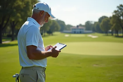 Golfeur mature étudie stratégie sur green