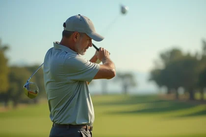 Golfeur concentré en train de pratiquer un wedge shot sur le terrain, illustrant la maîtrise mentale au golf